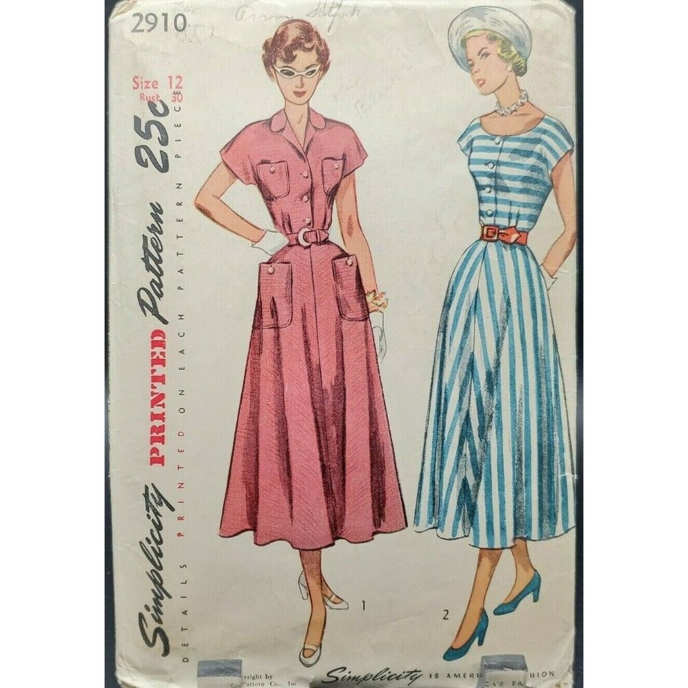 Simplicity 1950s Misses' Dress Pattern One-Piece Size 12 Uncut #2910 Vintage